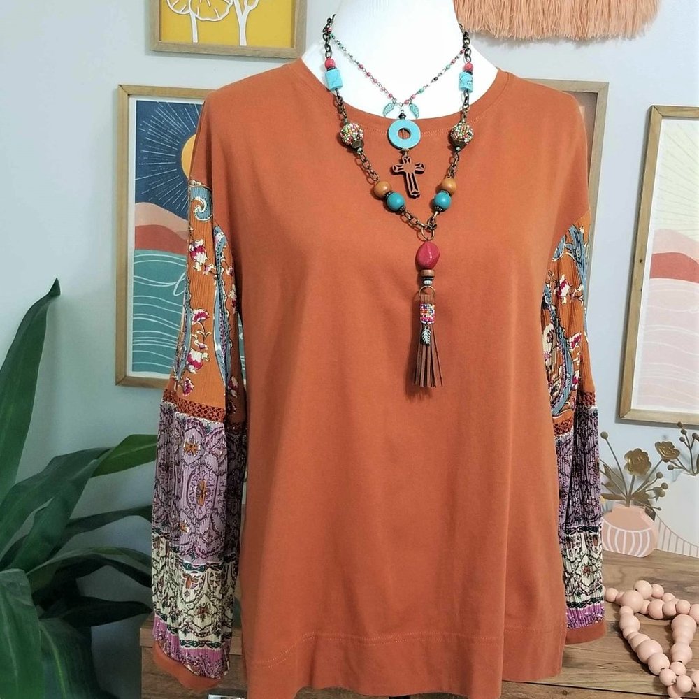 Top. Cinnamon, Cream, Lavender Floral/Multi Print. Cotton Bleu Brand - Picture 10 of 10